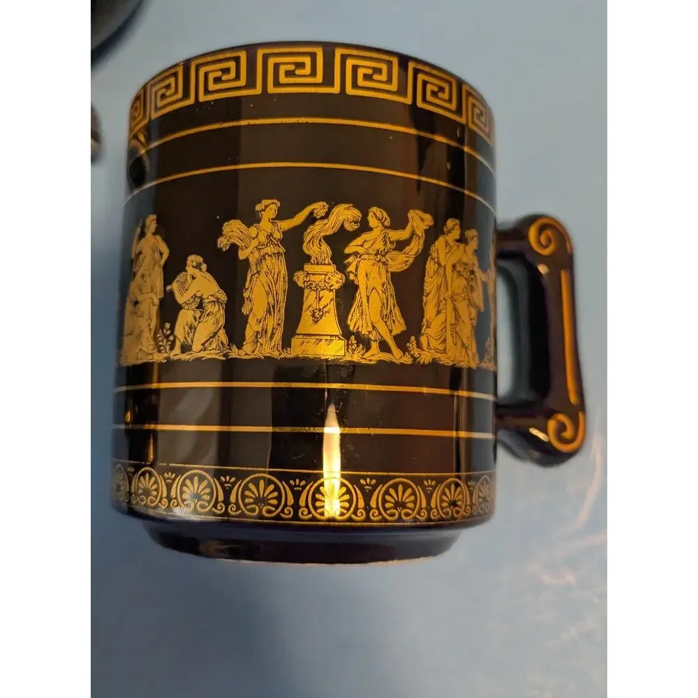 Vintage Handmade Greek Pottery Set 24K Gold Black Glaze 2 Mugs 2 Vases Sicily